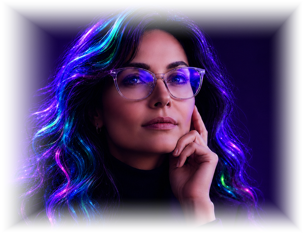 Portrait of a marketing leader, violet and blue light woven through her hair