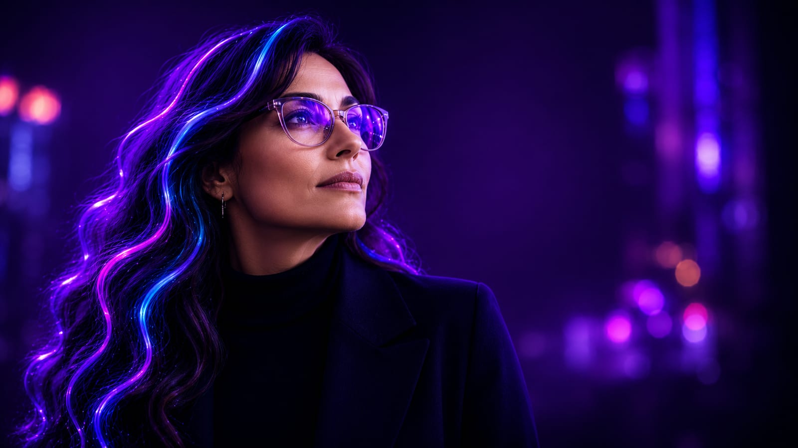 Portrait of a woman with strands of violet and blue light woven through her hair, against a neon city at night