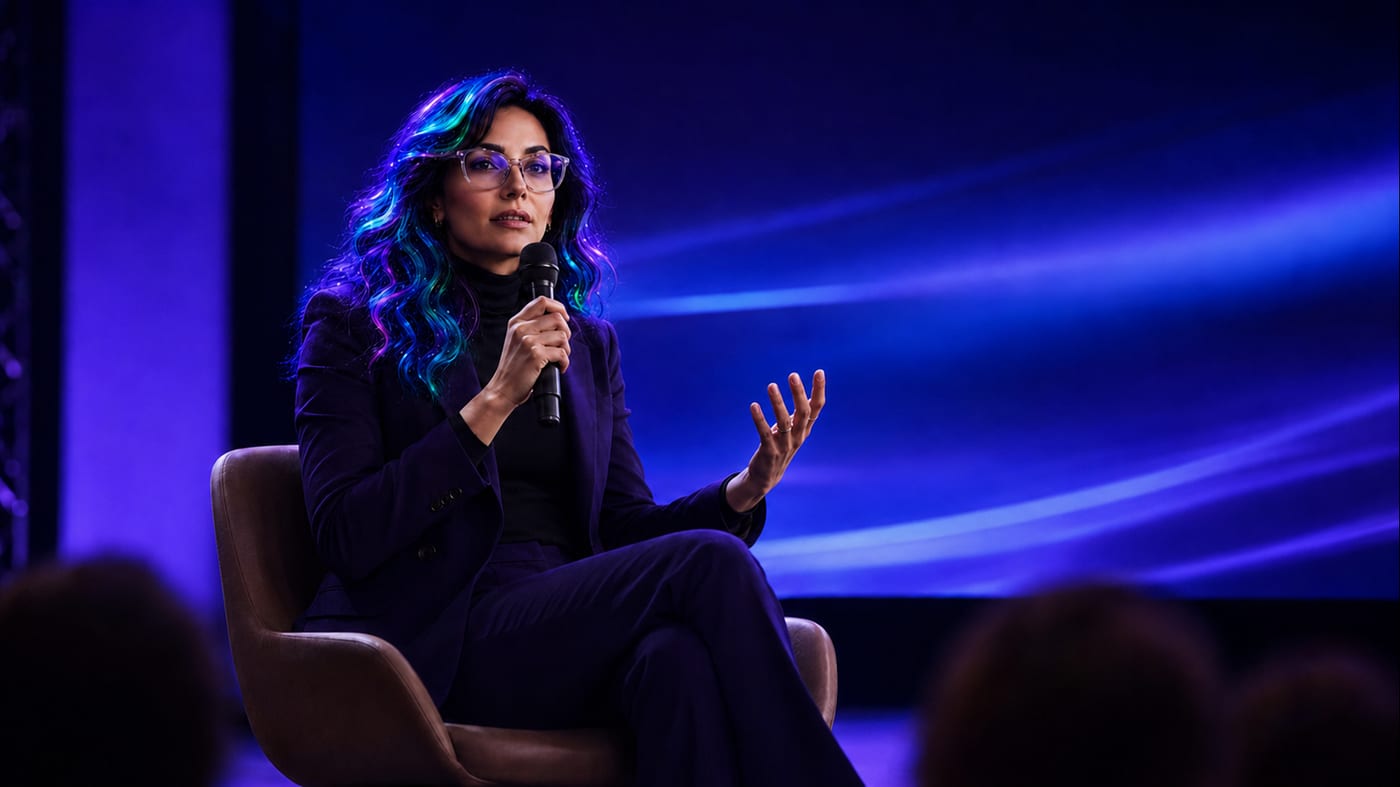 Roxy seated on stage, mic in hand, against sweeping violet light